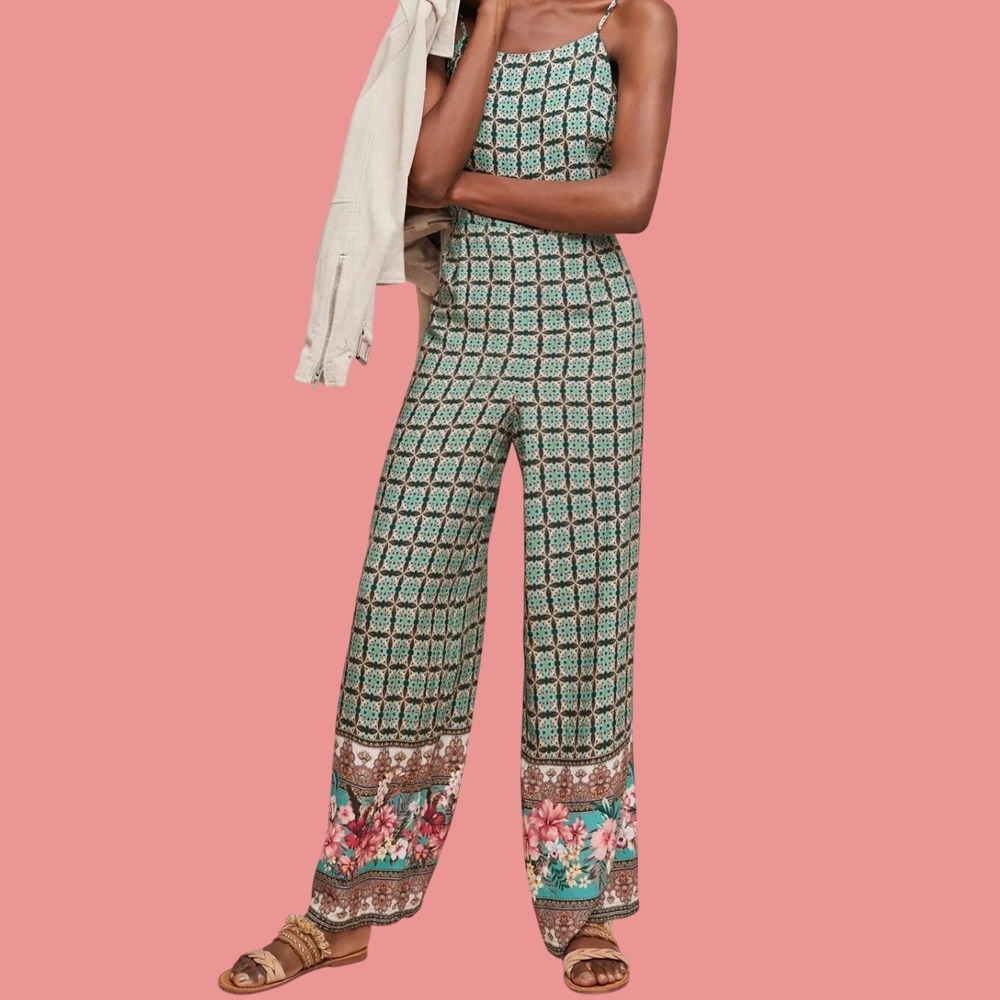 Farm Rio Honolulu Wide Leg Jumpsuit XS Green Geometric Floral Boho